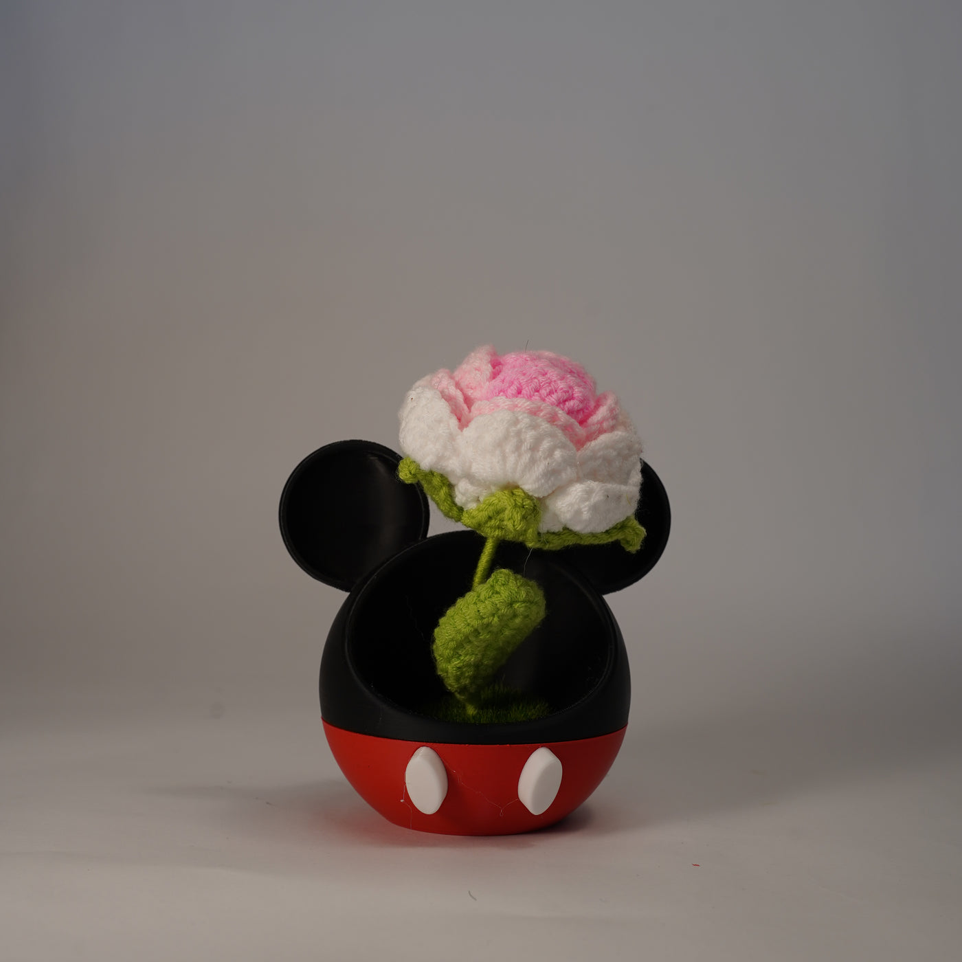 Handmade Crochet Rose in Mouse-Inspired Flower Pot